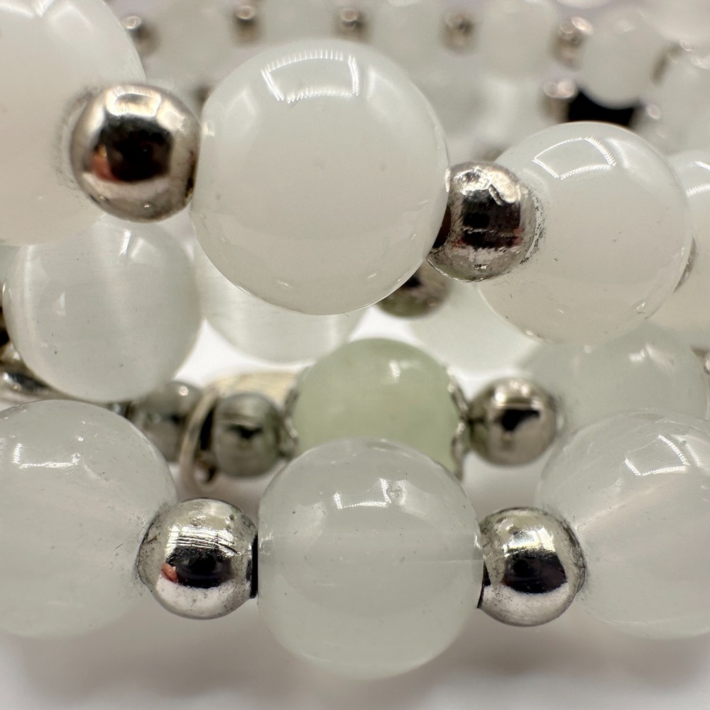 Vintage 90s White Quartz Beaded Wrap Bracelet Silver Tone Boho Statement Jewelry - Picture 5 of 8
